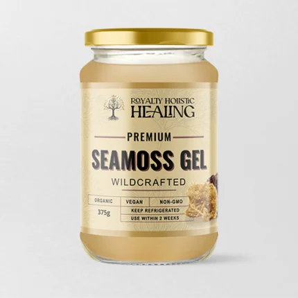 Jar of Royalty Holistic Healing Sea Moss Gel 350ml, featuring a natural and eco-friendly label, packed with nutrient-rich sea moss to support immune health, improve skin vitality, and enhance overall well-being.