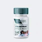 Colostrum Immune Booster bottle containing 60 capsules, featuring a clean, health-focused label, formulated to enhance immune system function and support overall health with nutrient-rich colostrum.