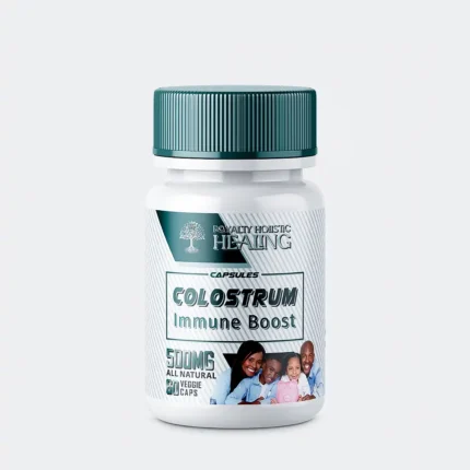 Colostrum Immune Booster bottle containing 60 capsules, featuring a clean, health-focused label, formulated to enhance immune system function and support overall health with nutrient-rich colostrum.