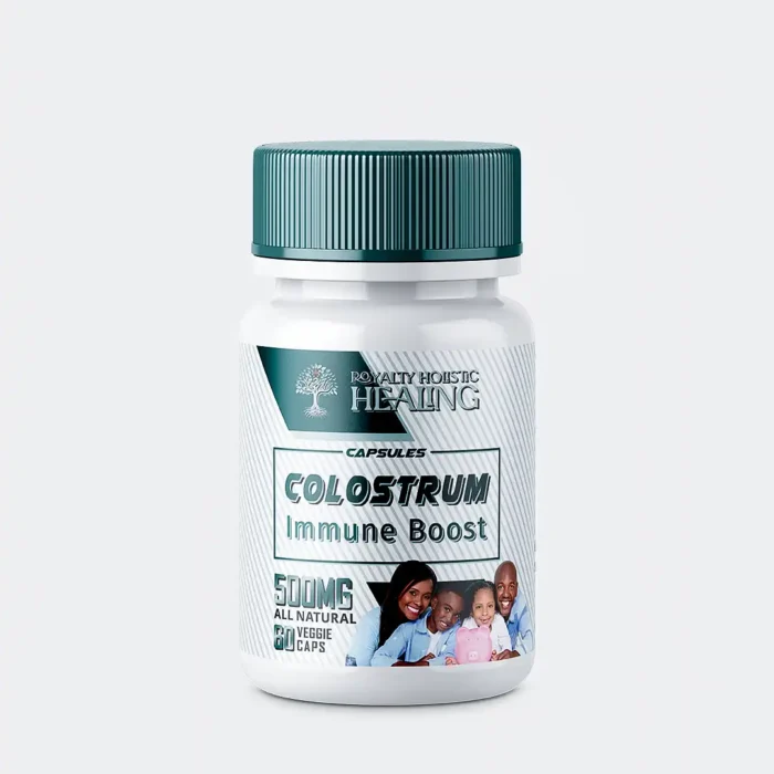 Colostrum Immune Booster bottle containing 60 capsules, featuring a clean, health-focused label, formulated to enhance immune system function and support overall health with nutrient-rich colostrum.