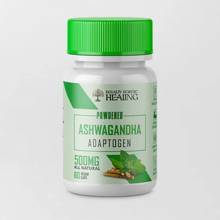 Bottle of Royalty Holistic Healing Ashwagandha, containing 60 capsules, with a natural, wellness-themed label, designed to promote stress relief, enhance mental clarity, and support overall health with pure Ashwagandha extract.