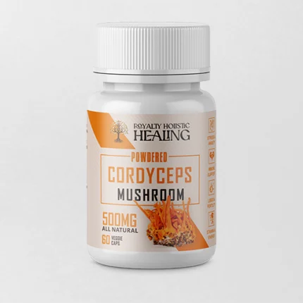 Bottle of Cordyceps Mushroom supplement containing 60 capsules, with a health-focused label, designed to boost energy, support immune function, and enhance overall vitality with the power of Cordyceps mushrooms.