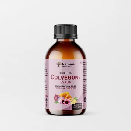 Bottle of Narame Wellness® Colvegon Syrup 50ml, featuring a vibrant label, crafted to support respiratory health, relieve coughs, and promote overall well-being with a blend of natural ingredients.
