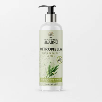 Bottle of Royalty Holistic Healing Citronella Body Lotion 250ml, featuring a refreshing, natural label, formulated to nourish the skin and provide a soothing, insect-repellent effect with the uplifting scent of citronella.